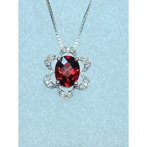 VTG Sterling Checkerboard Cut Garnet & Diamond Pendant w IJC Italy 18” Box Chain